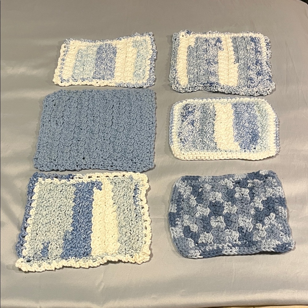 Blue and White Design Knit Crochet Pot Holders Set of 6 Six Handmade Misc Sizes